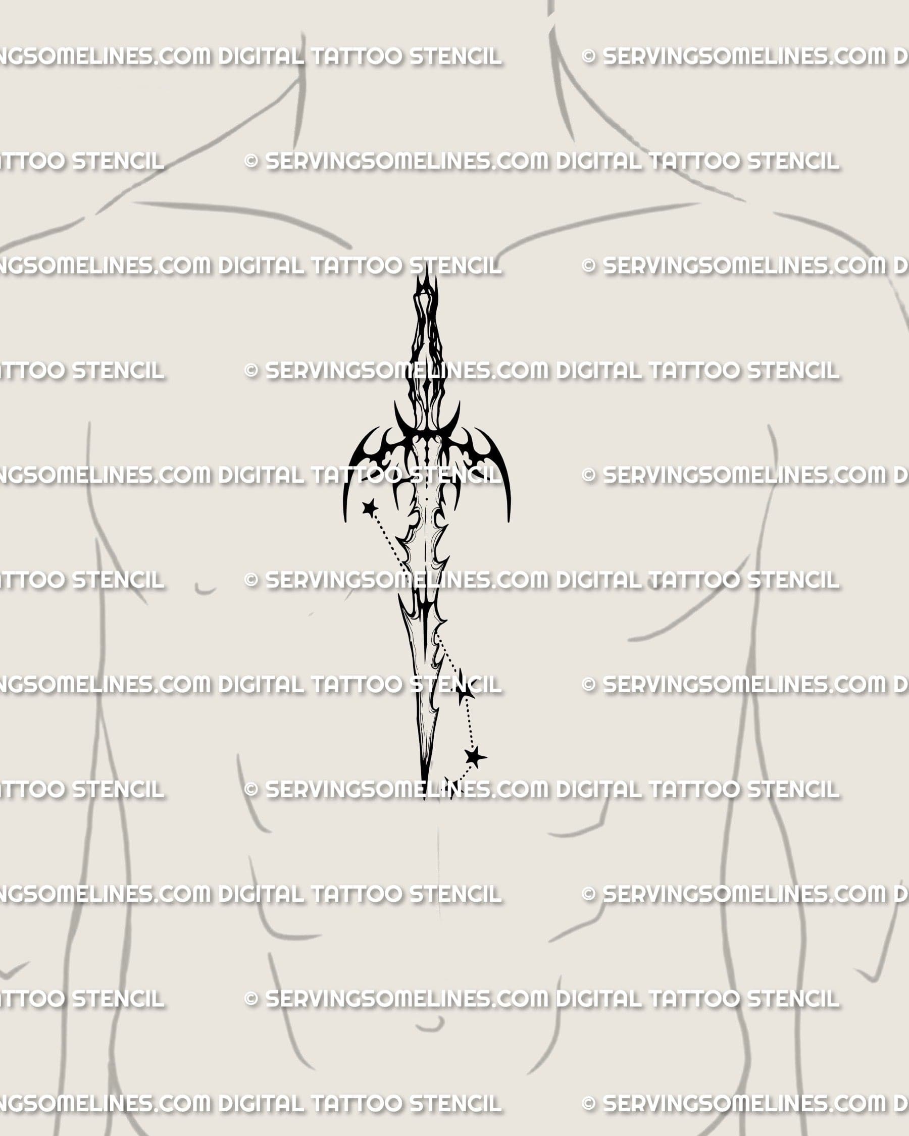 Zodiac dagger tattoo stencil placed on the chest center, Aries constellation sword design in cyber-tribal and star-cluster style.