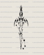 Zodiac blade tattoo stencil for Aries, cyber tribal sword design with star mapping detail and crisp outline