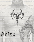 Aries zodiac tattoo stencil displayed on men’s chest center placement, instant download files, PNG JPG PDF