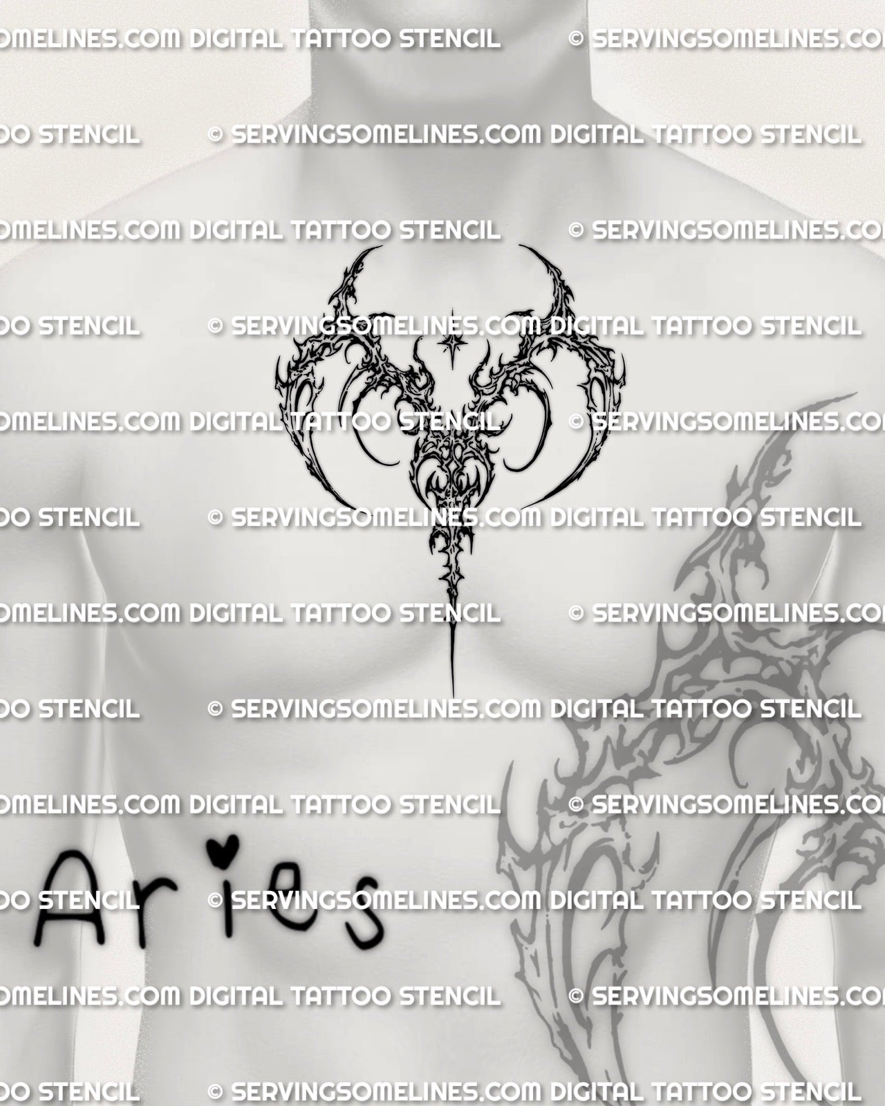 Aries zodiac tattoo stencil displayed on men’s chest center placement, instant download files, PNG JPG PDF