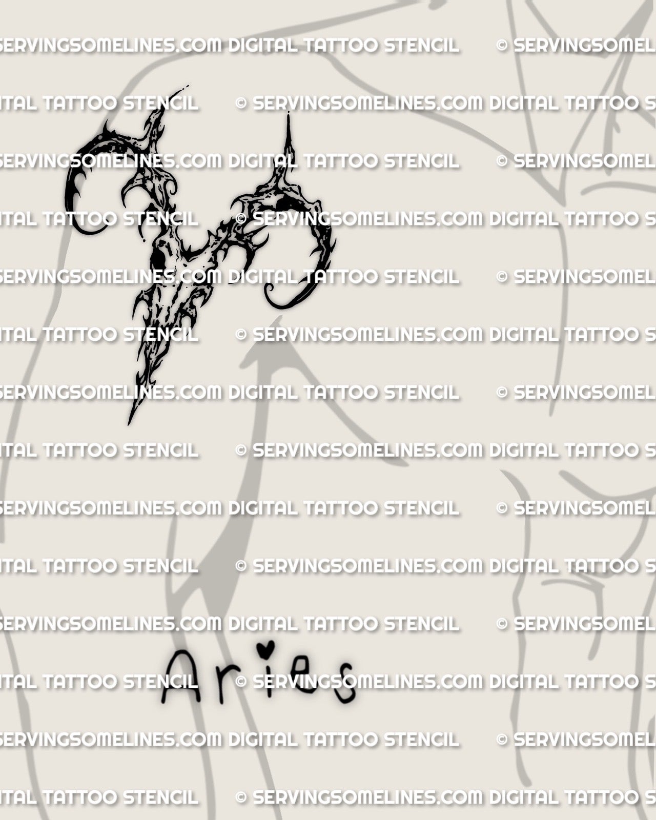 Aries zodiac tattoo stencil shown on mens upper arm placement, ram skull emblem with cyber tribal detail, instant download 