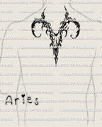 Aries zodiac tattoo stencil shown on mens upper back neck placement, ram skull emblem with sharp cutouts, instant download 