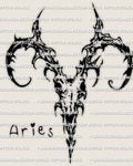 Aries zodiac tattoo stencil ram skull emblem with cyber tribal cutouts, blackwork design, instant PNG and PDF download
