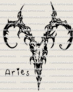 Aries zodiac tattoo stencil ram skull emblem with cyber tribal cutouts, blackwork design, instant PNG and PDF download