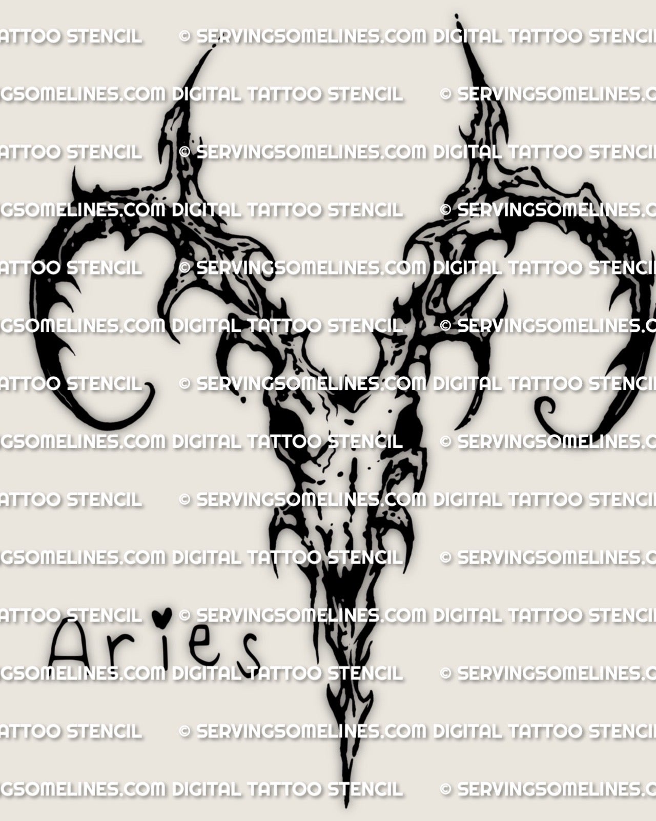 Aries zodiac tattoo stencil ram skull emblem with cyber tribal cutouts, blackwork design, instant PNG and PDF download
