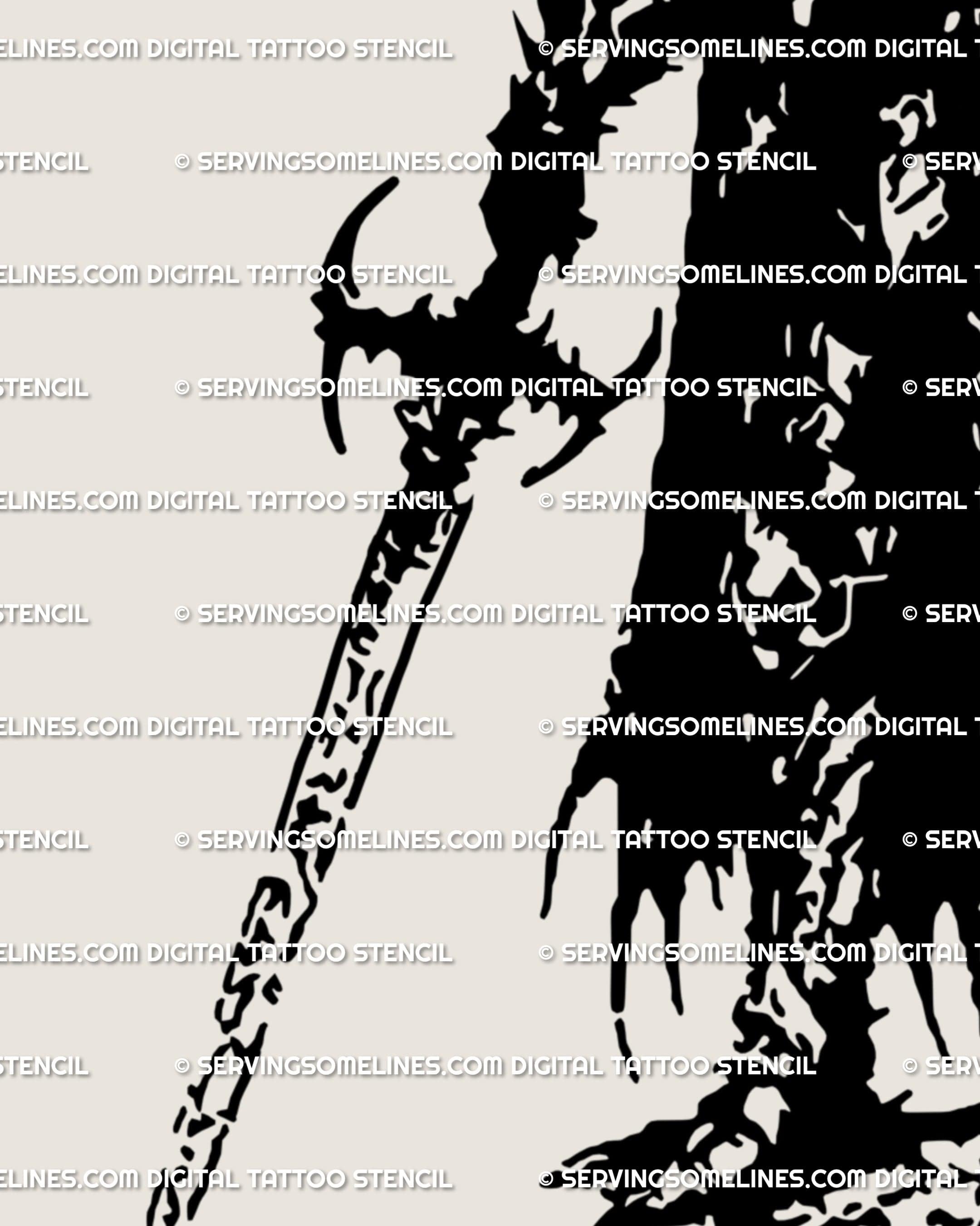 Armor protection tattoo meaning scene showing sword detail and cloak folds, symbolizing defense and strength.