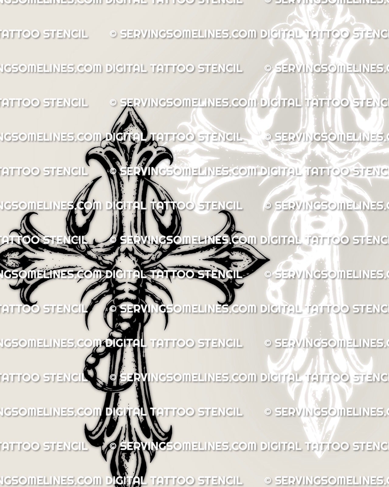 Armored scorpion cross tattoo stencil with detailed claws and tail forming a structured cross shape, dark gothic stencil file