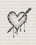 Arrow heart tattoo stencil with speckled texture, classic heart pierced by a clean diagonal arrow, printable linework for stencil transfer.