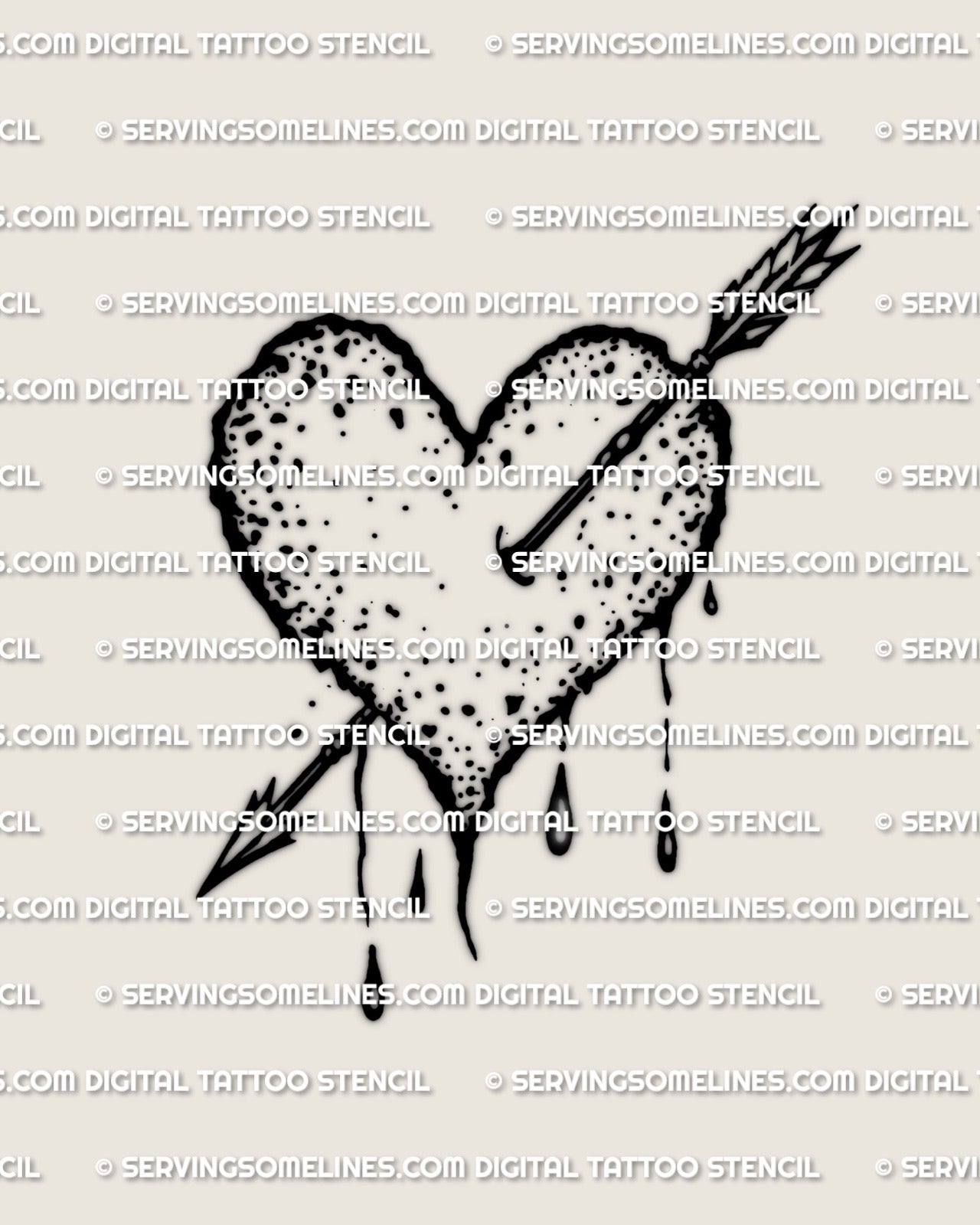 Arrow heart tattoo stencil with speckled texture, classic heart pierced by a clean diagonal arrow, printable linework for stencil transfer.