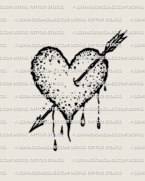 Arrow heart tattoo stencil with speckled texture, classic heart pierced by a clean diagonal arrow, printable linework for stencil transfer.