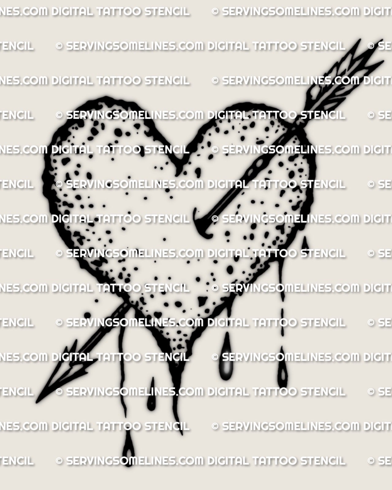 Classic arrow in heart tattoo stencil, crisp contour and scattered speckles, clean stencil file for wrist, ankle, forearm, or ribs.