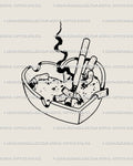 Small ashtray heart tattoo stencil in clean blackwork line art, showing crushed cigarettes and smoke to symbolize grunge heartbreak and freedom.
