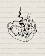 Small ashtray heart tattoo stencil in clean blackwork line art, showing crushed cigarettes and smoke to symbolize grunge heartbreak and freedom.