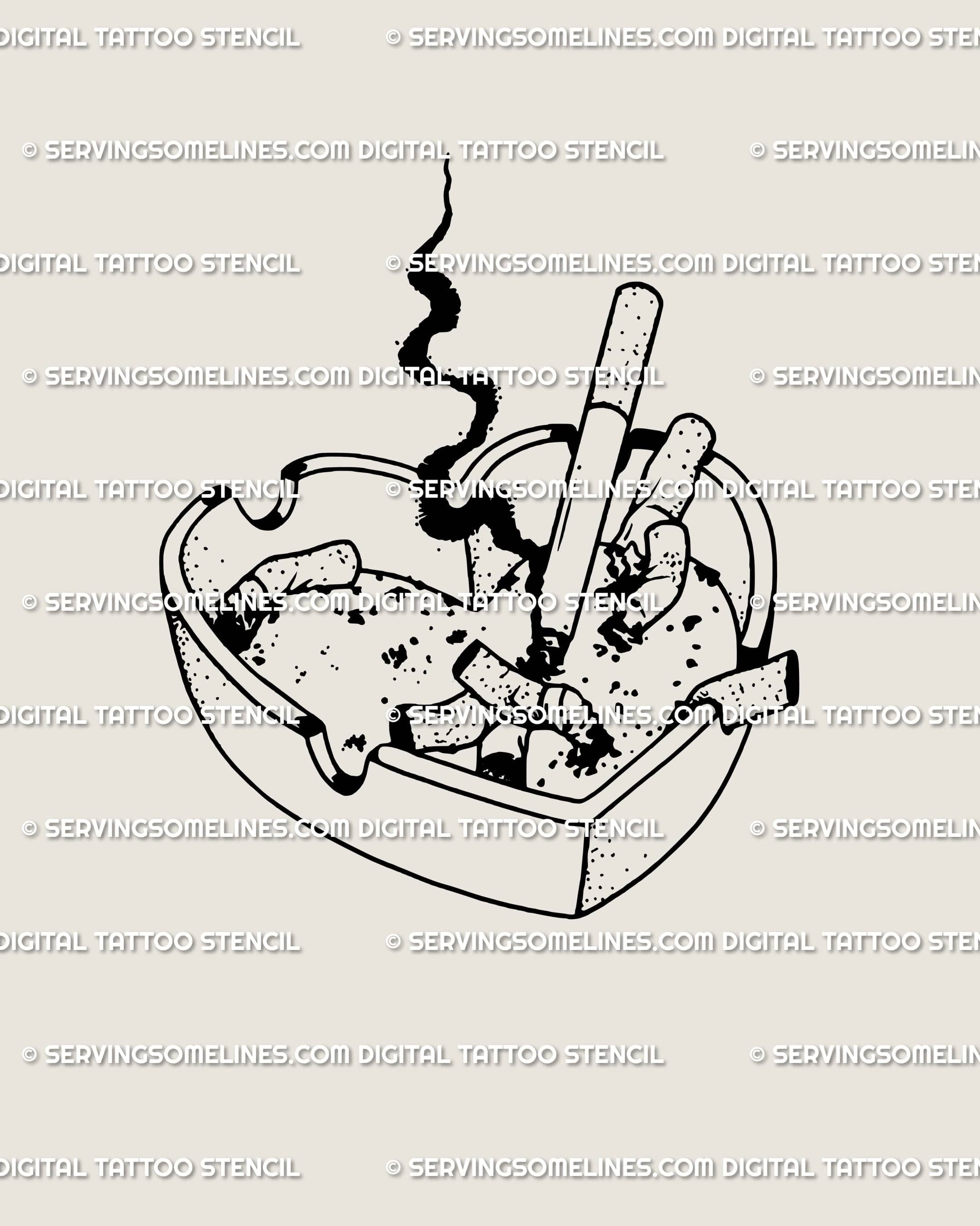 Small ashtray heart tattoo stencil in clean blackwork line art, showing crushed cigarettes and smoke to symbolize grunge heartbreak and freedom.