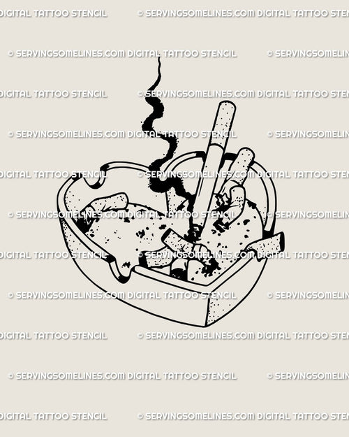 Small ashtray heart tattoo stencil in clean blackwork line art, showing crushed cigarettes and smoke to symbolize grunge heartbreak and freedom.