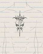 Astral dagger tattoo stencil centered on men’s chest placement, starburst guard detail and slim vertical blade.