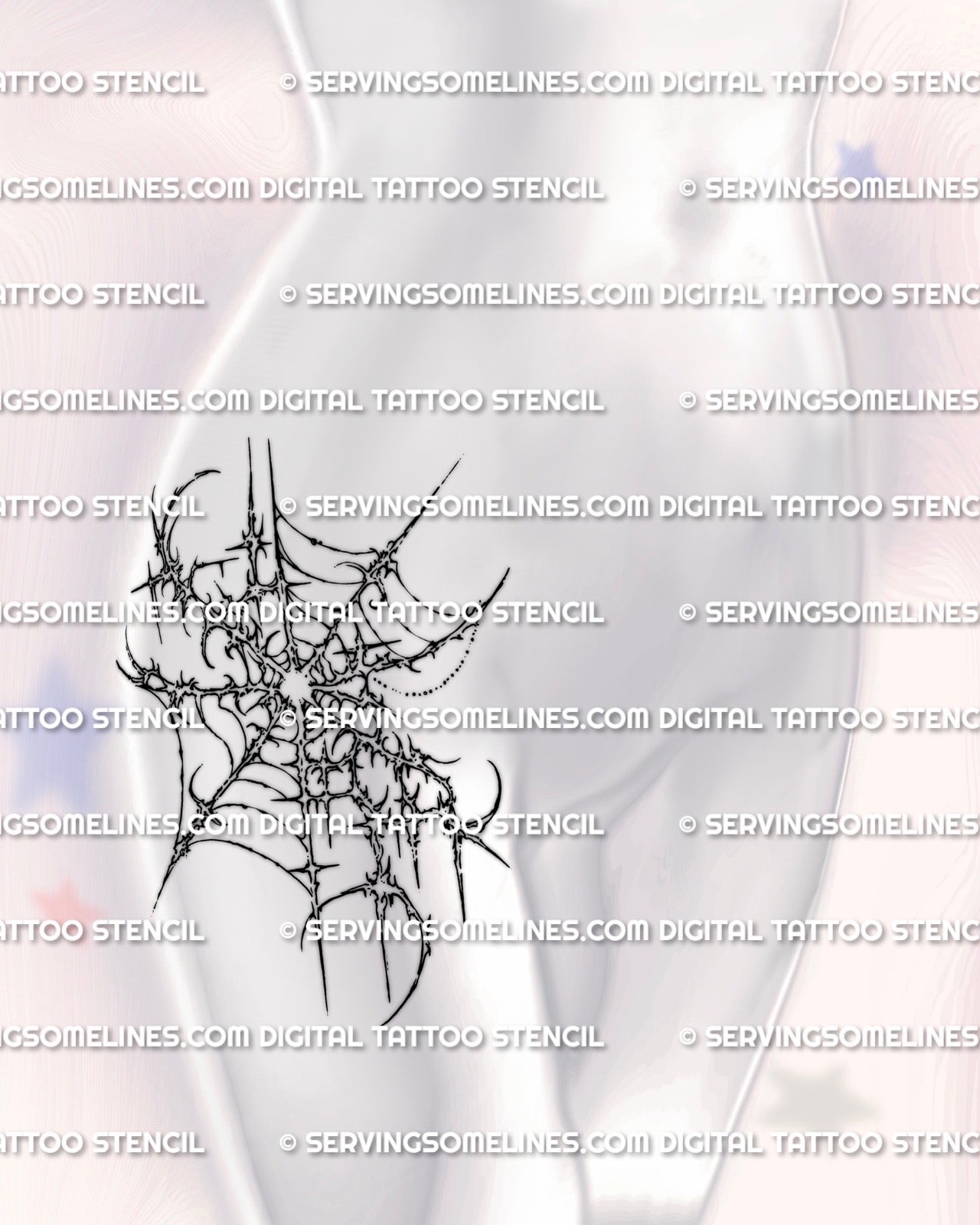 Asymmetrical web tattoo stencil shown on feminine thigh mockup, cybersigilism spider web design with download files.