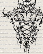 Lace corset back tattoo detail close-up, sharp linework, heart shape at top, ready for stencil printing.