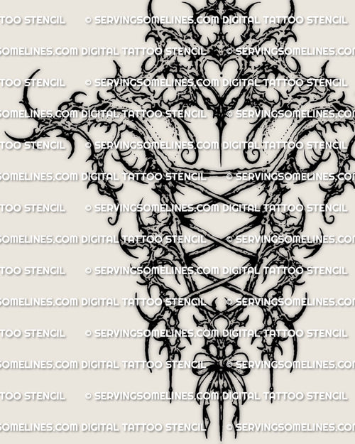 Lace corset back tattoo detail close-up, sharp linework, heart shape at top, ready for stencil printing.
