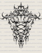 Back corset tattoo stencil design on light background, feminine corset spine lineart with heart shape at top.