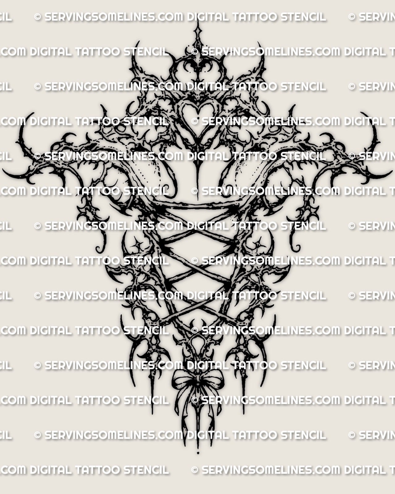 Back corset tattoo stencil design on light background, feminine corset spine lineart with heart shape at top.