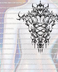 Back corset tattoo stencil shown on upper back placement, vertical lace-up corset with cybersigilism accents.