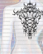 Back corset tattoo stencil shown on upper back placement, vertical lace-up corset with cybersigilism accents.