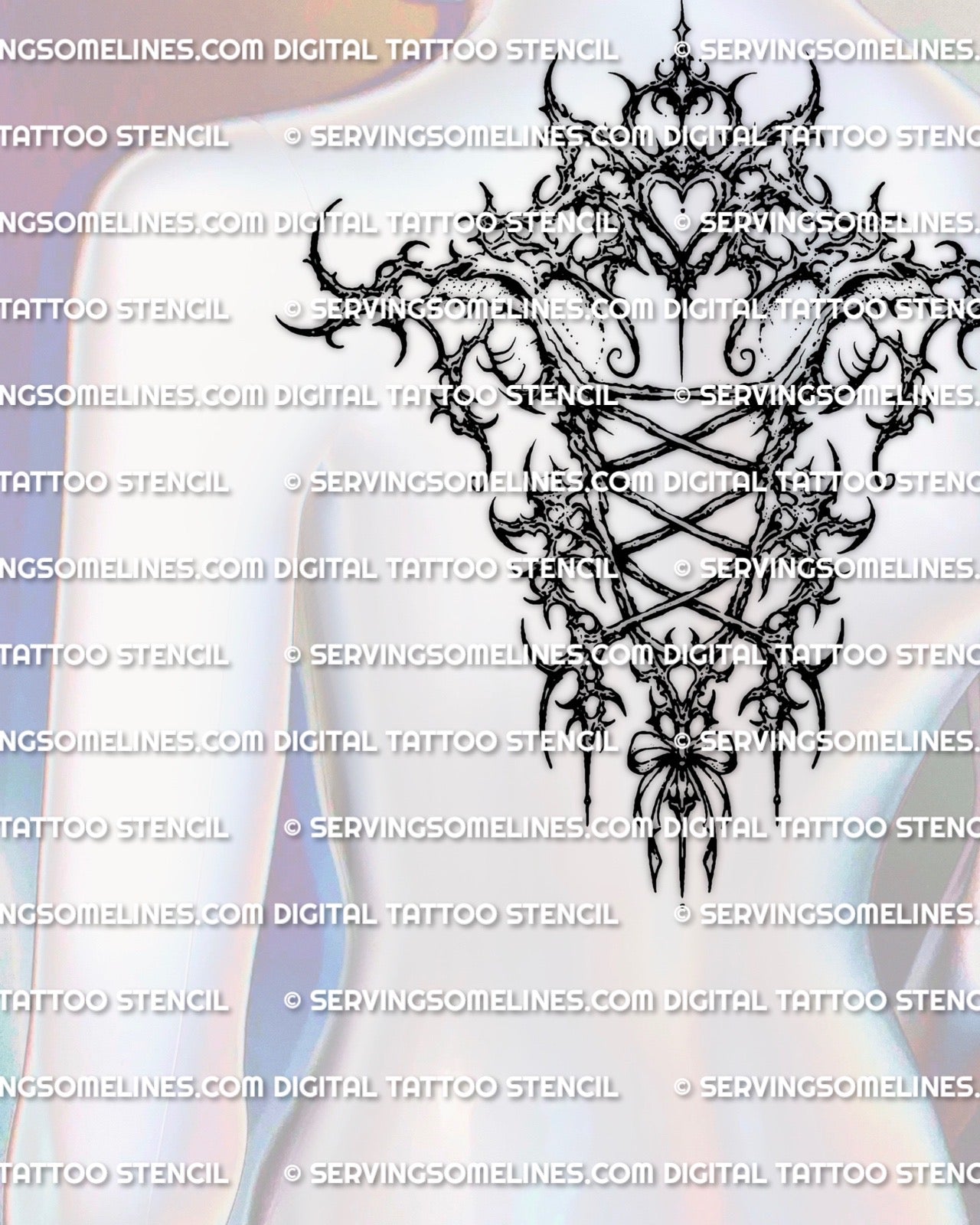 Back corset tattoo stencil shown on upper back placement, vertical lace-up corset with cybersigilism accents.