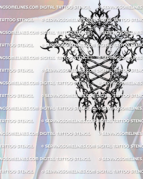 Back corset tattoo stencil shown on upper back placement, vertical lace-up corset with cybersigilism accents.