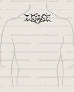 LOVE lettering tattoo digital design displayed on back of men’s neck, gothic tribal blackwork lettering with heart center and sharp wings.