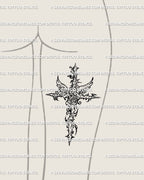 Back of the thigh placement preview showing digital cybersigilism cross tattoo stencil with ornamental gothic wings and vines.