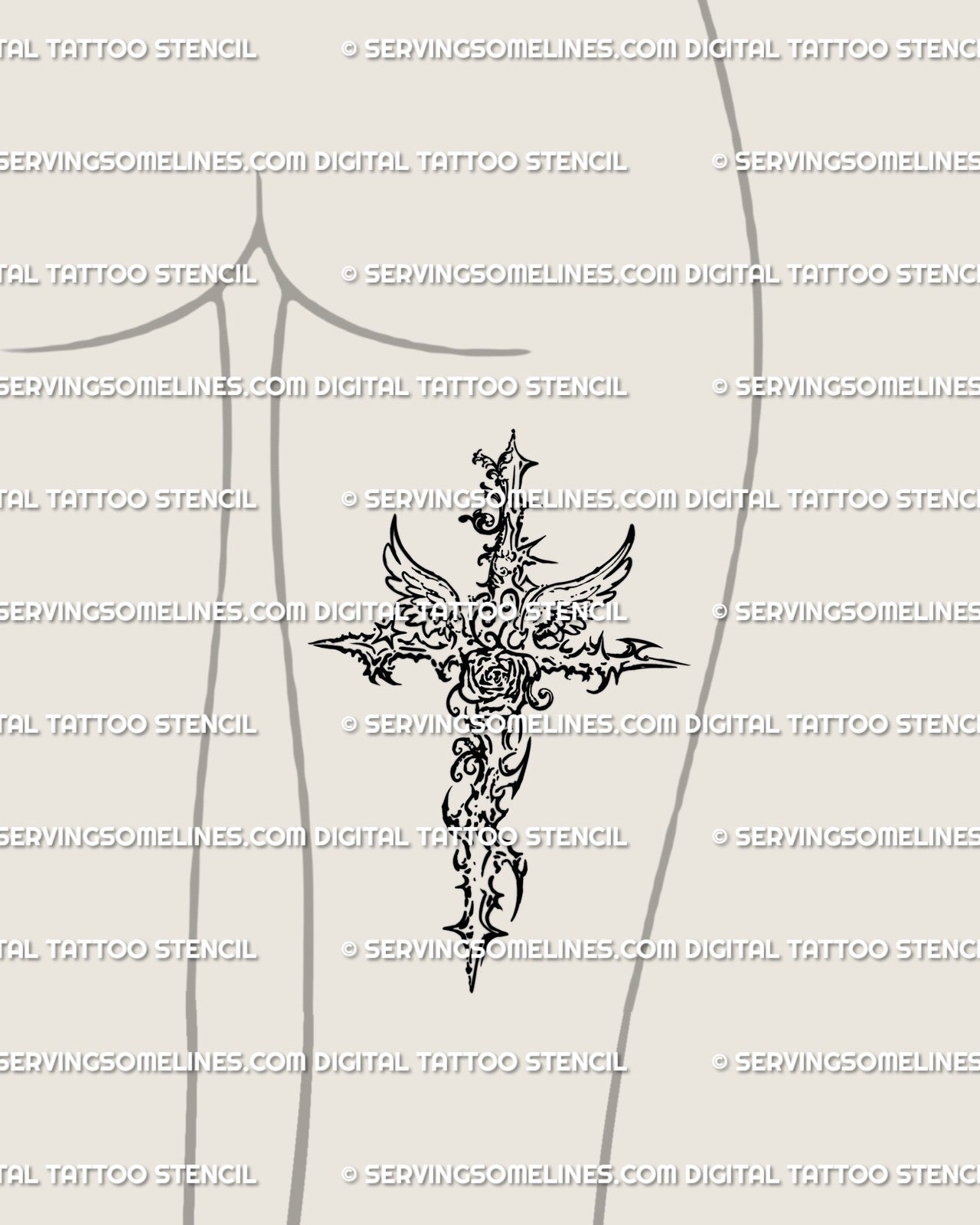 Back of the thigh placement preview showing digital cybersigilism cross tattoo stencil with ornamental gothic wings and vines.