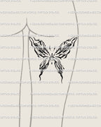 Back of thigh feminine tattoo idea showing fluid marble butterfly pattern, soft symmetrical abstract shapes with liquid effect.