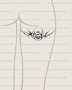 Digital tattoo stencil of angel lettering gothic design displayed on back of thigh, tribal symmetrical lines creating winged blackwork accent.