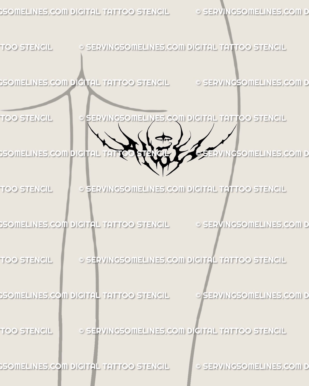 Digital tattoo stencil of angel lettering gothic design displayed on back of thigh, tribal symmetrical lines creating winged blackwork accent.