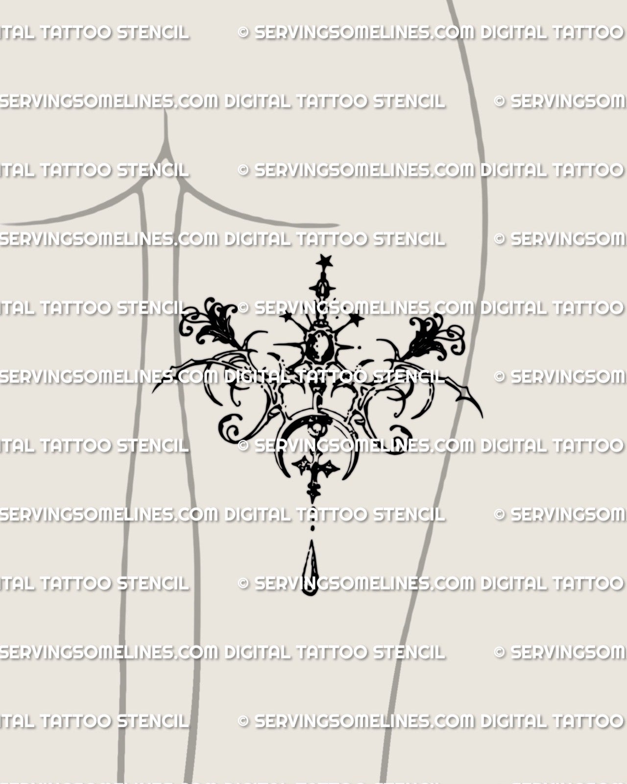 Gothic cybersigil pendant tattoo stencil shown on the back of a woman’s thigh with baroque curves, moon, stars and a lower drop displayed as a digital preview
