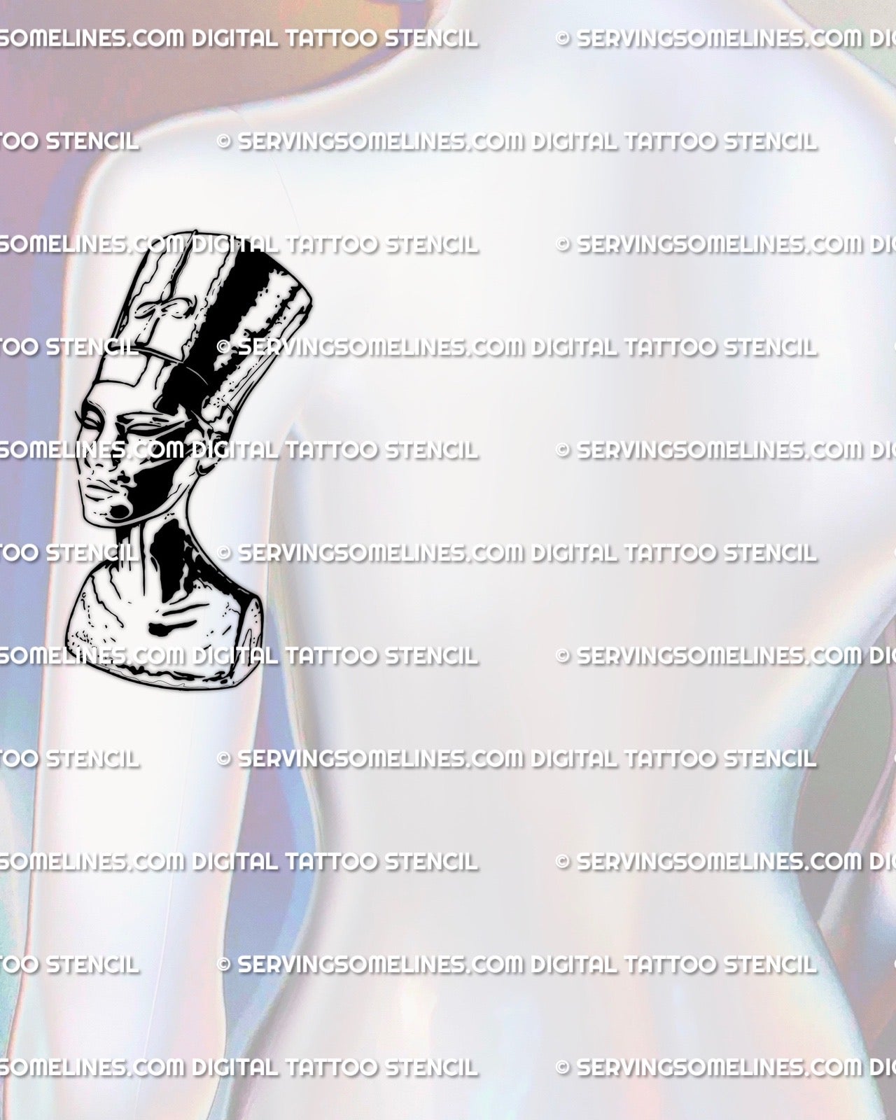 Back shoulder Nefertiti tattoo design in gothic blackwork, statue-inspired Egyptian queen artwork symbolizing strength, beauty and immortality