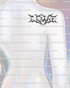 LOVE lettering tattoo digital stencil displayed on shoulder back area, spiky tribal lines forming a heart center, bold and minimal gothic look.