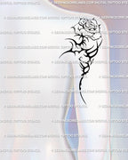 Cybersigilism rose tattoo stencil on the back shoulder and arm, thorned neotribal floral design as a minimalist gothic cyber rose.