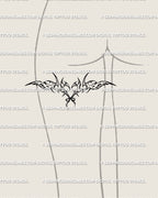 Winged heart tattoo shown on back of thigh, cyber-tribal angelcore flash with ribbon bow detail for feminine gothic tattoo placement.