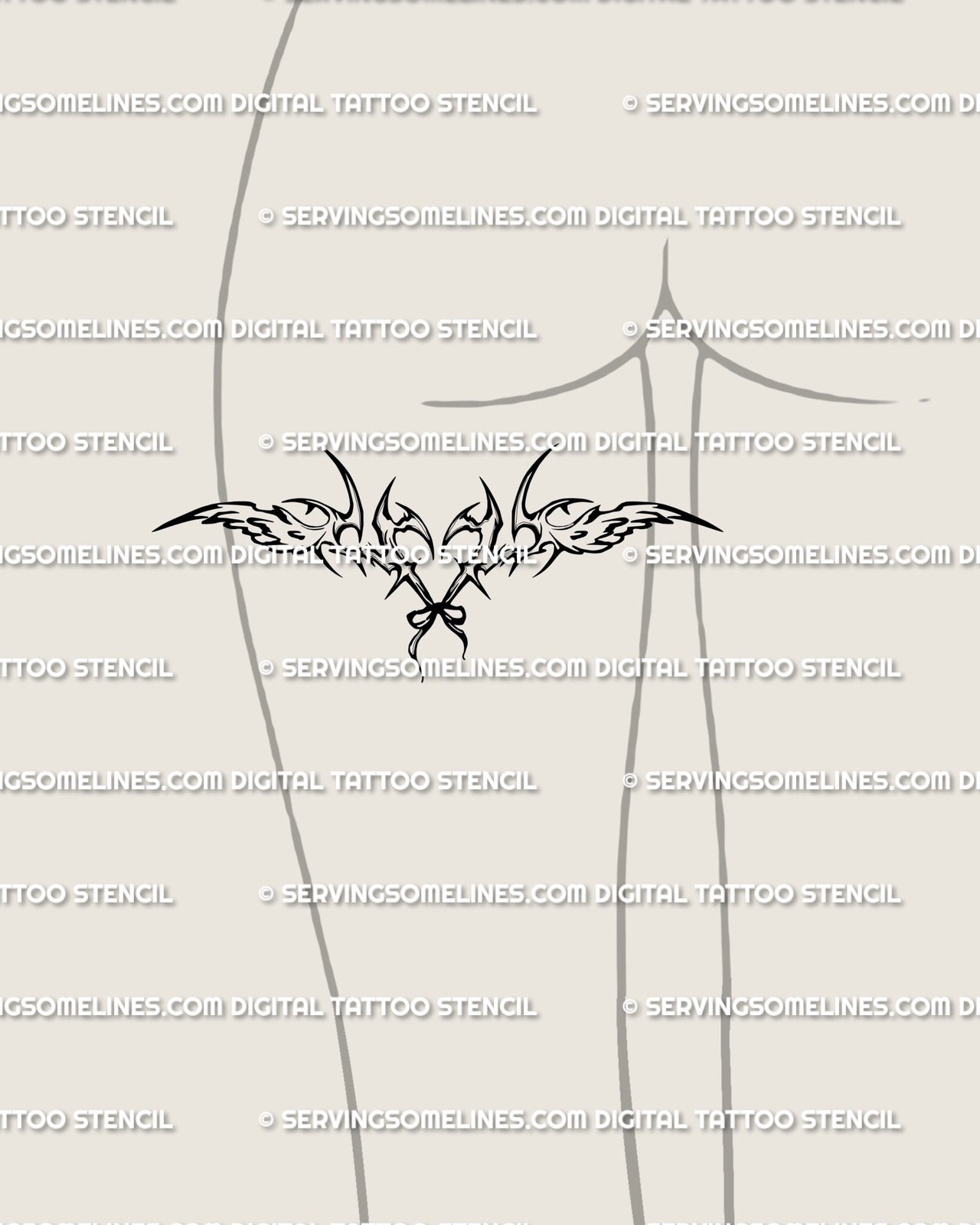 Winged heart tattoo shown on back of thigh, cyber-tribal angelcore flash with ribbon bow detail for feminine gothic tattoo placement.