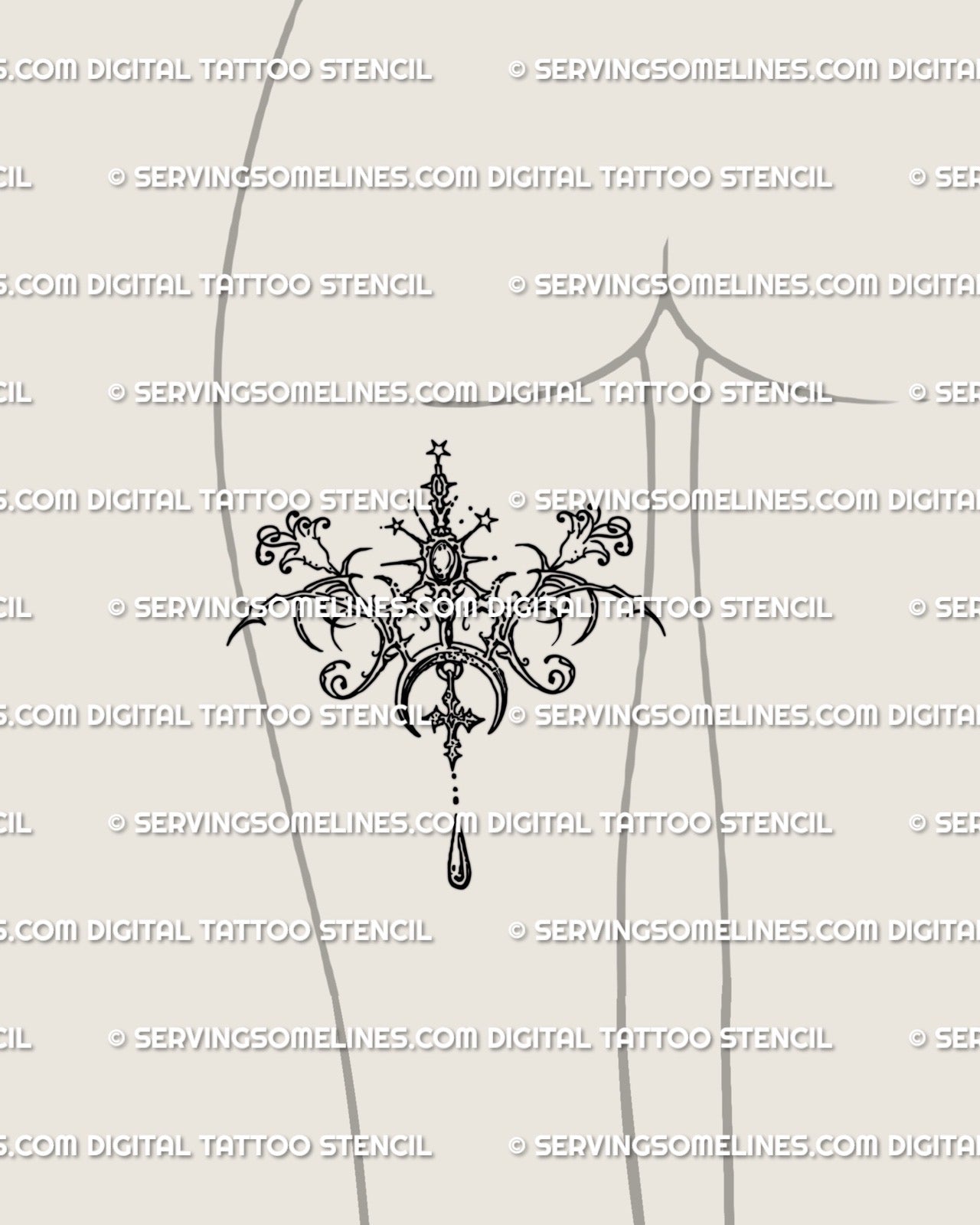 Cybersigil pendant tattoo stencil on the back of a woman’s thigh with moon, star and drop elements shown as a fine line placement example