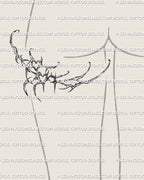 single back of thigh placement showing a cyber sigil heart and spike tattoo design on one leg, clean digital stencil preview for feminine styling