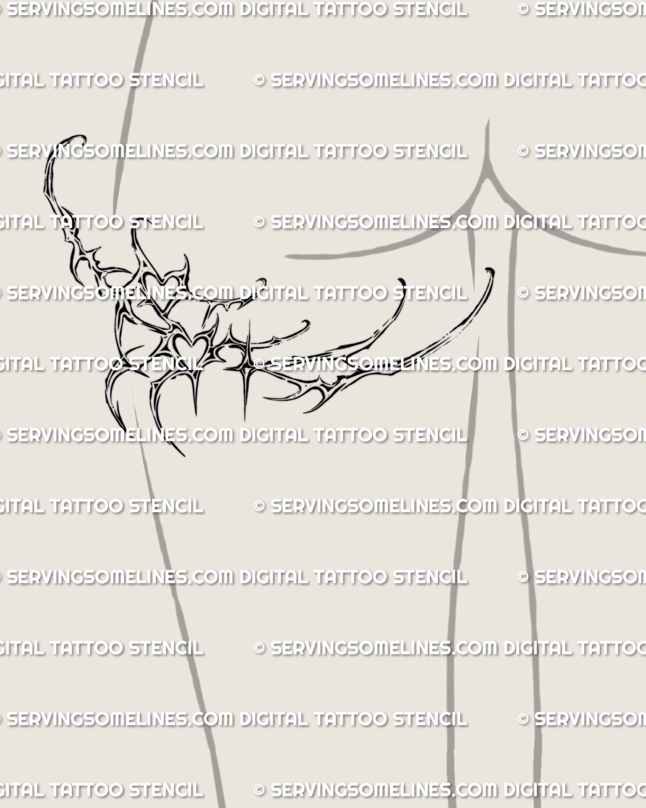 single back of thigh placement showing a cyber sigil heart and spike tattoo design on one leg, clean digital stencil preview for feminine styling