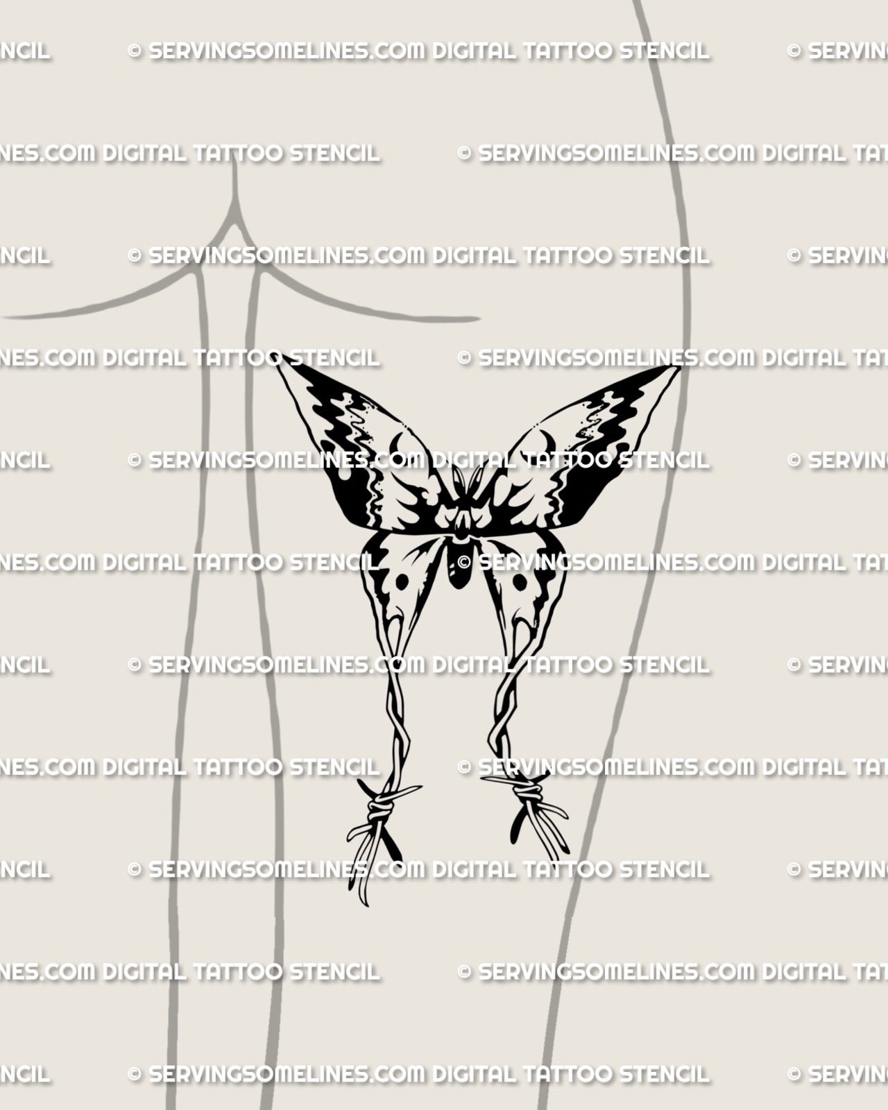 Dark feminine moth tattoo shown on back of thigh, barbed wire lunar design with gothic witchy aura and soft symmetrical wings.