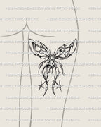 Fairycore butterfly wings tattoo shown on back of thigh, corset ribbon design with Y2K star details and soft gothic vibe.