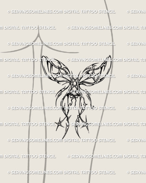 Fairycore butterfly wings tattoo shown on back of thigh, corset ribbon design with Y2K star details and soft gothic vibe.
