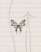 Ribbon bow tattoo on woman’s back thigh, gothic coquette cybersigilism line art with horned heart center, elegant and soft feminine look.