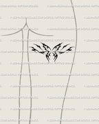 Feminine gothic butterfly tattoo displayed on back-thigh placement, flaming tribal wings and cyber symmetry in soft fine line style.