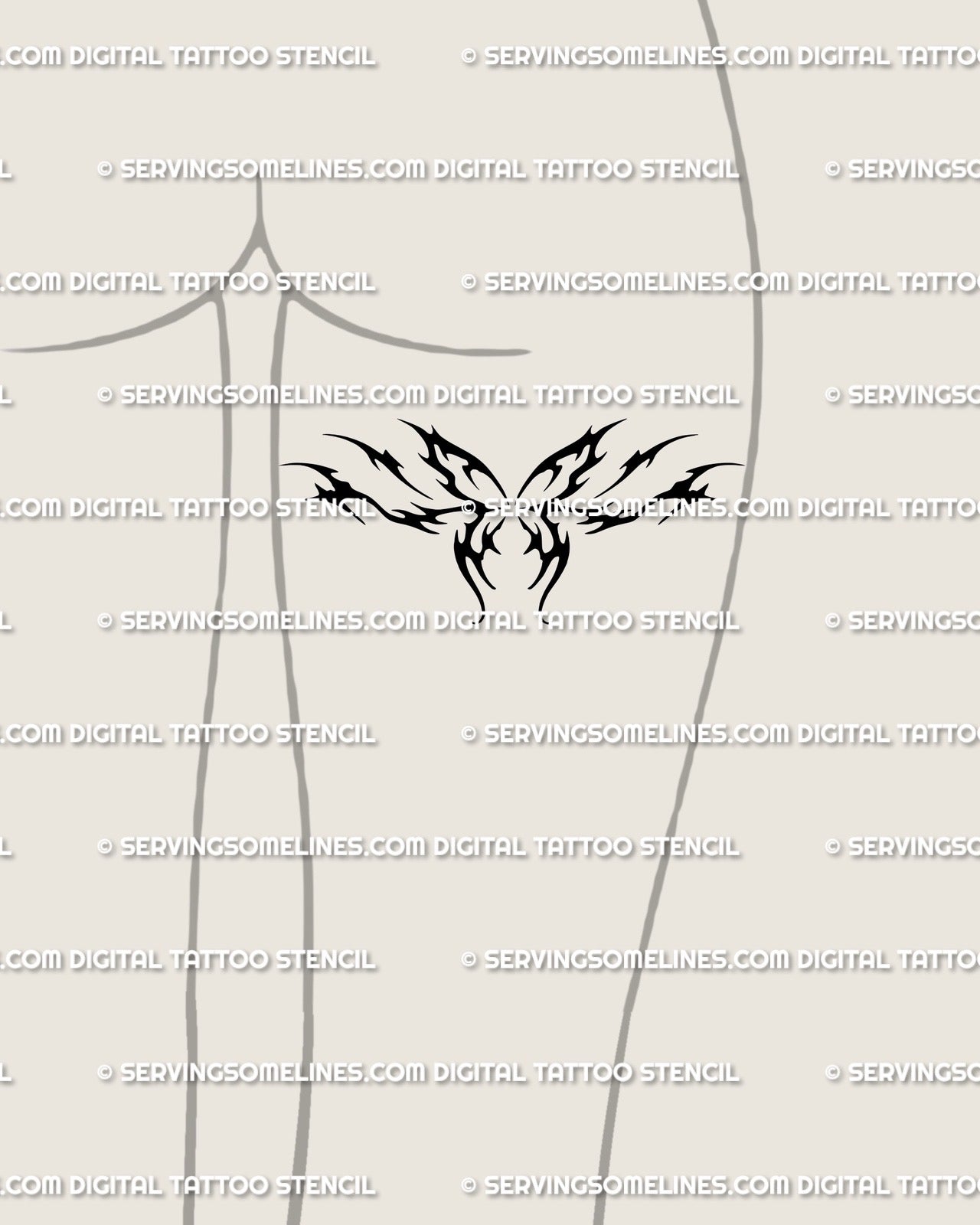 Feminine gothic butterfly tattoo displayed on back-thigh placement, flaming tribal wings and cyber symmetry in soft fine line style.